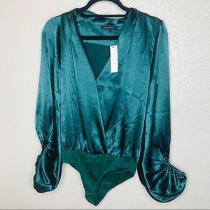Olivaceous Emerald Green Faux Wrap Satin Bodysuit new with tags
